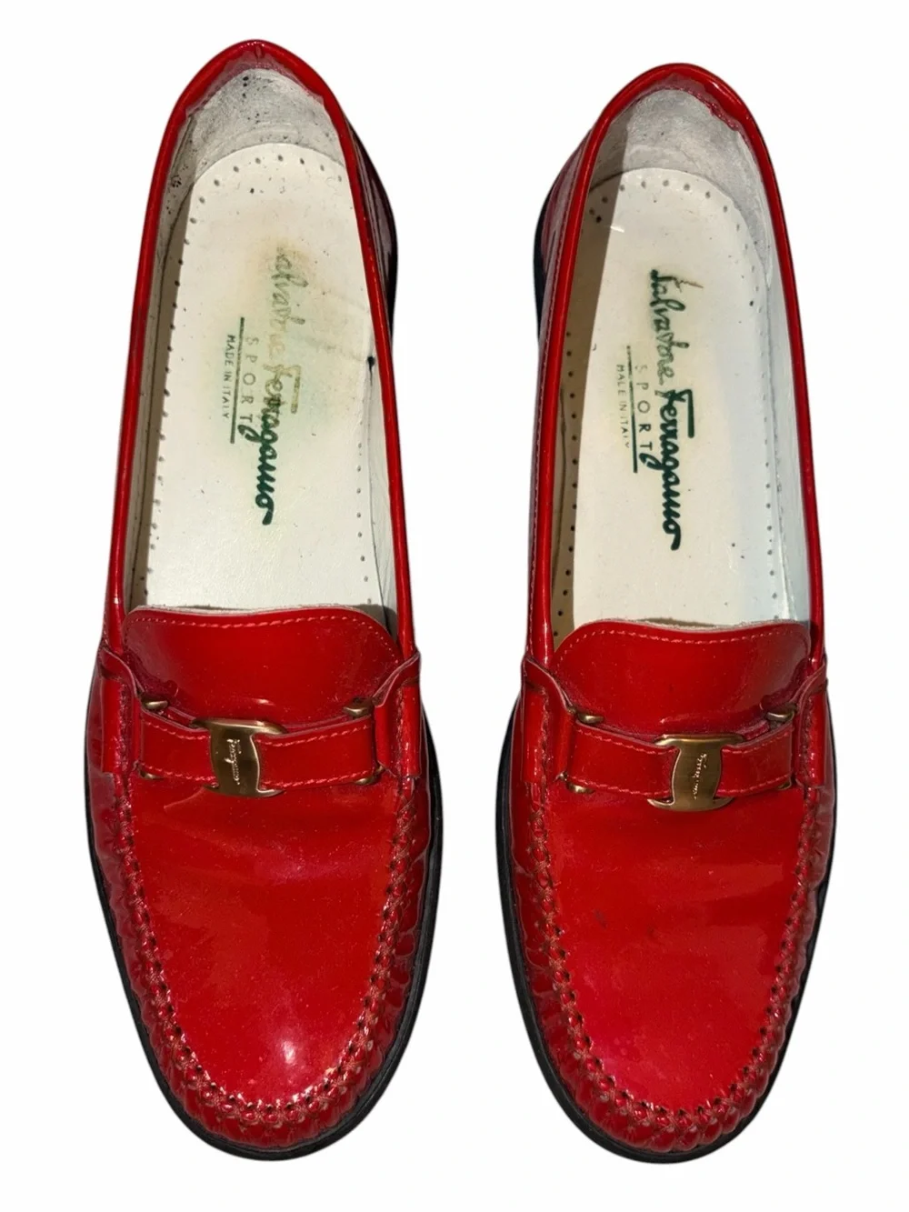 Vintage Salvatore Ferragamo Red Patent Leather Horsebit Loafers 8 B Made Italy